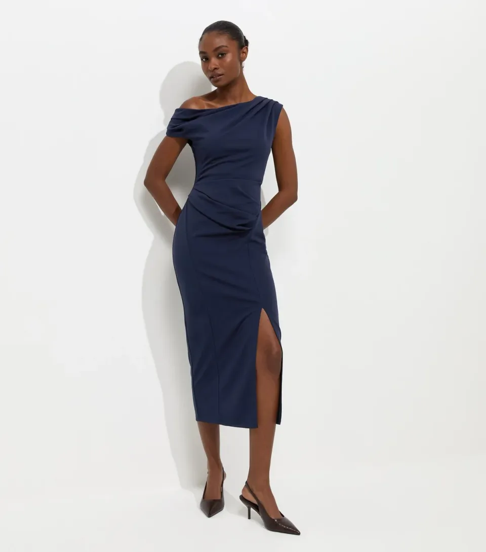 Women's Navy Fallen Shoulder Slit Detail Midi Dress