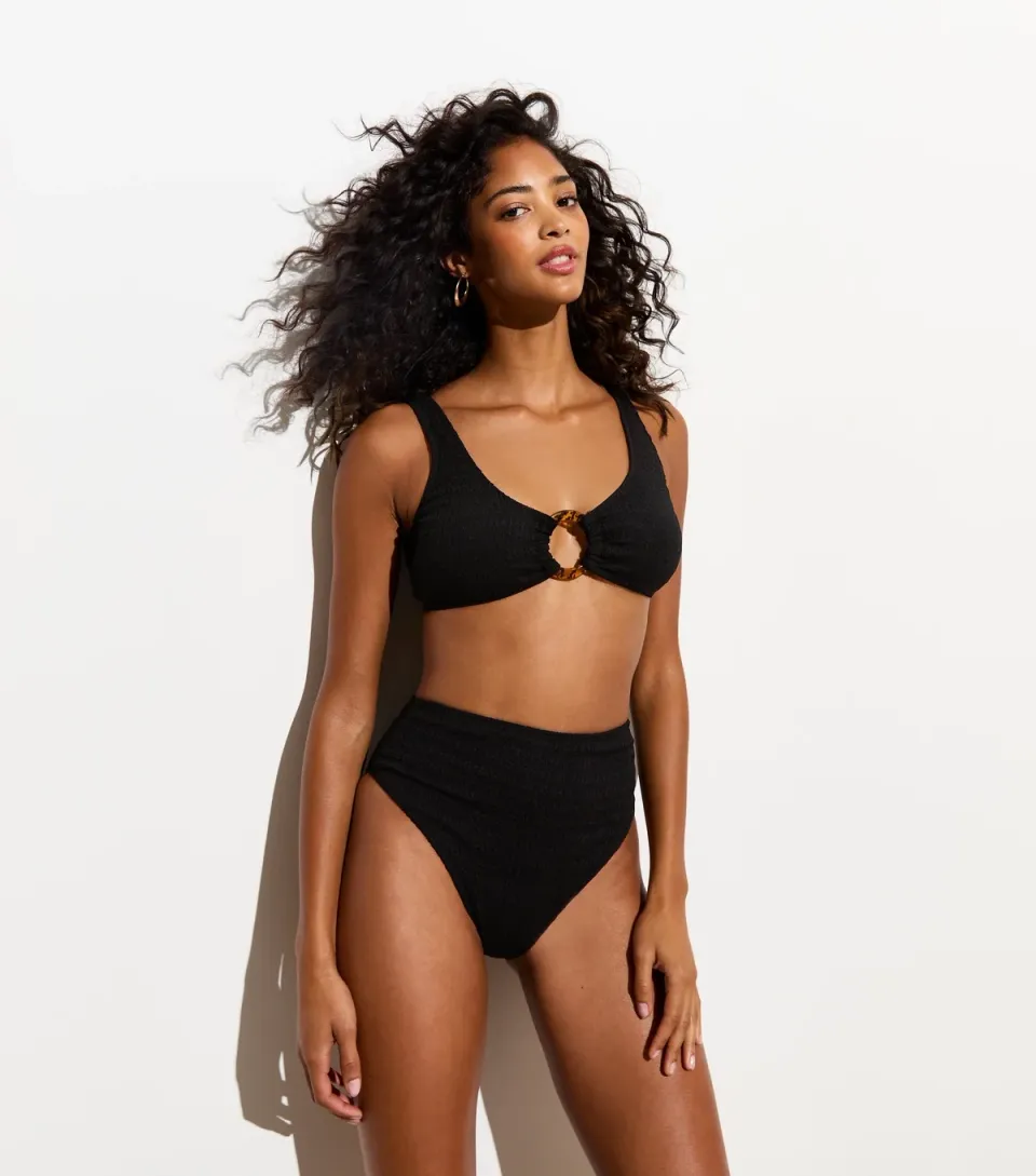Women's Black Textured High-Waisted Bikini Bottoms