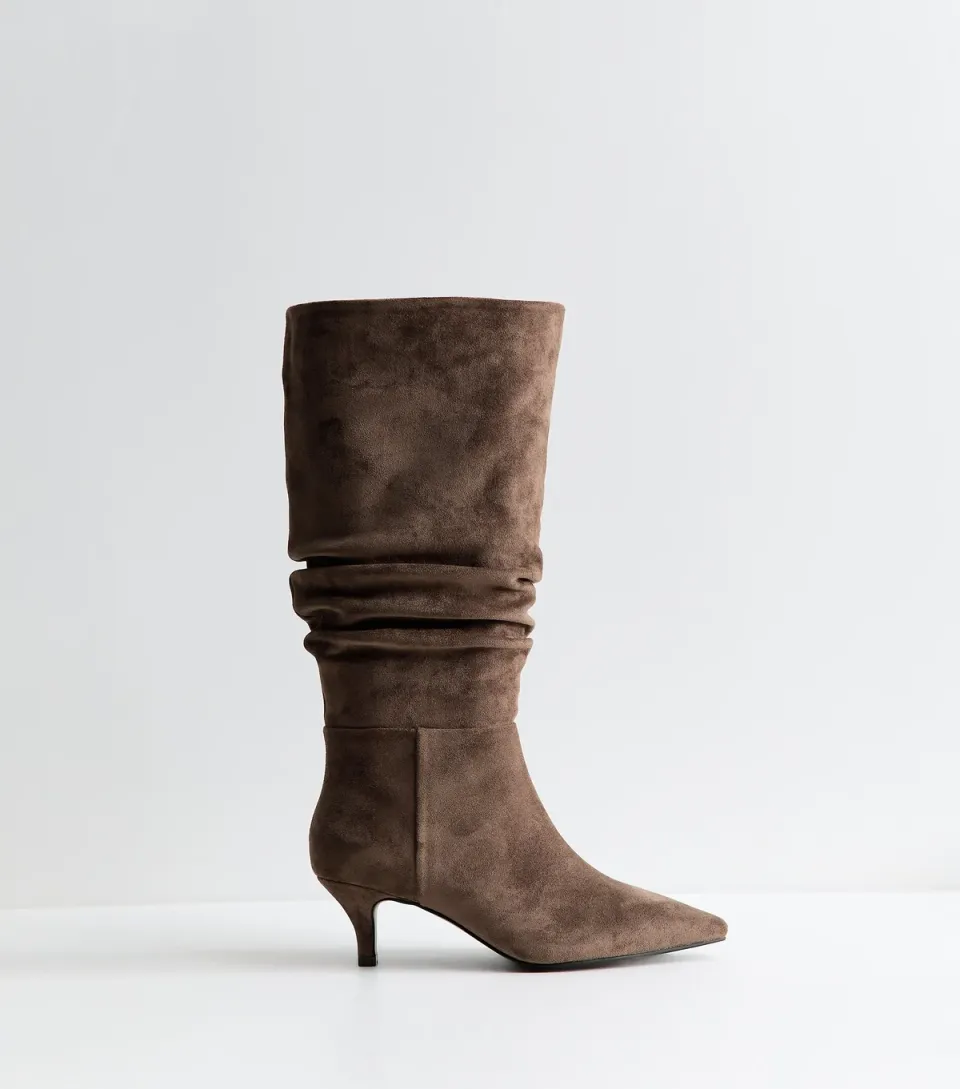 Women's Wide Fit Mink Faux Suede Ruched Pointed Knee Boots