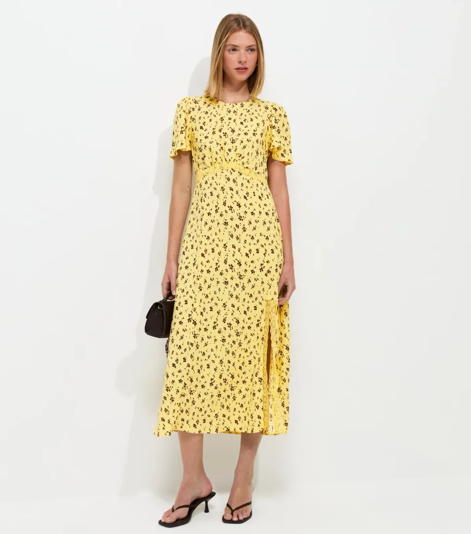 Women's Yellow Ditsy Print Lace Trim Midi Dress