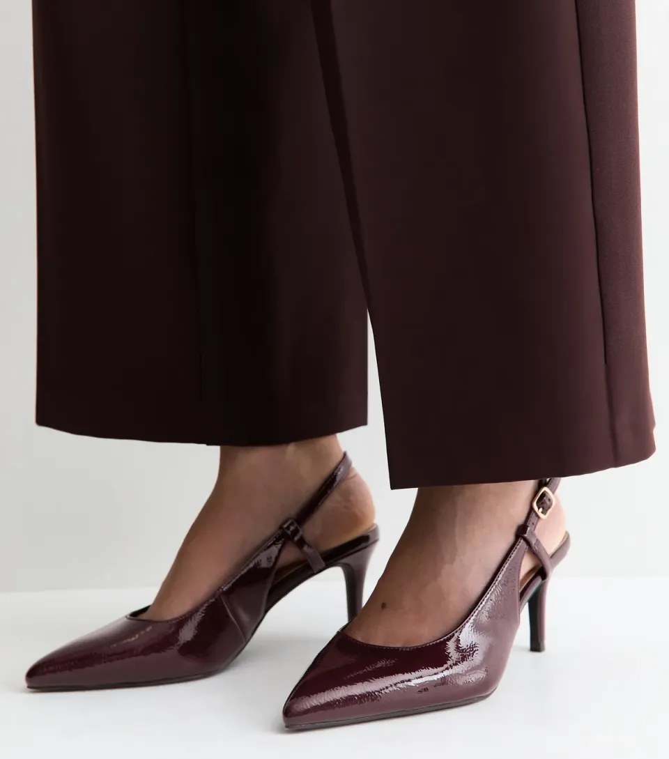 Women's Wide Fit Dark Burgundy Patent Faux Leather Slingback Pumps Vegan