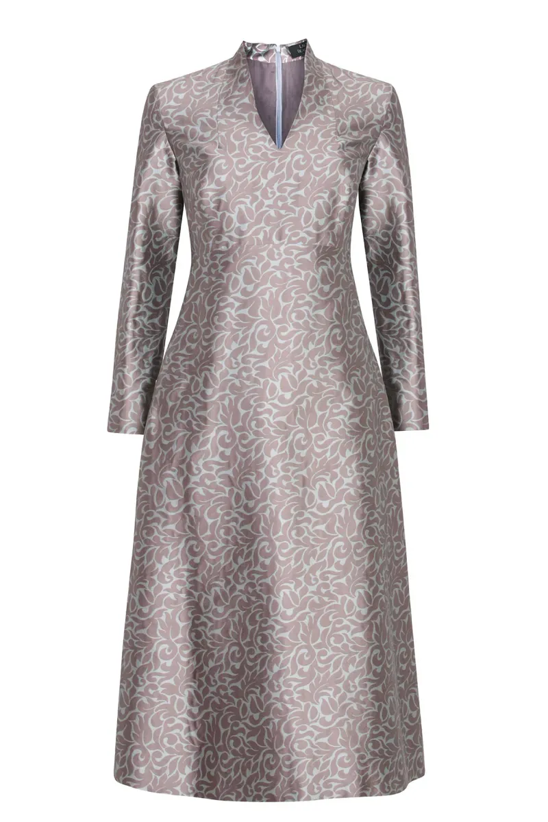 Emilia Dress in Greige/Aqua Sateen