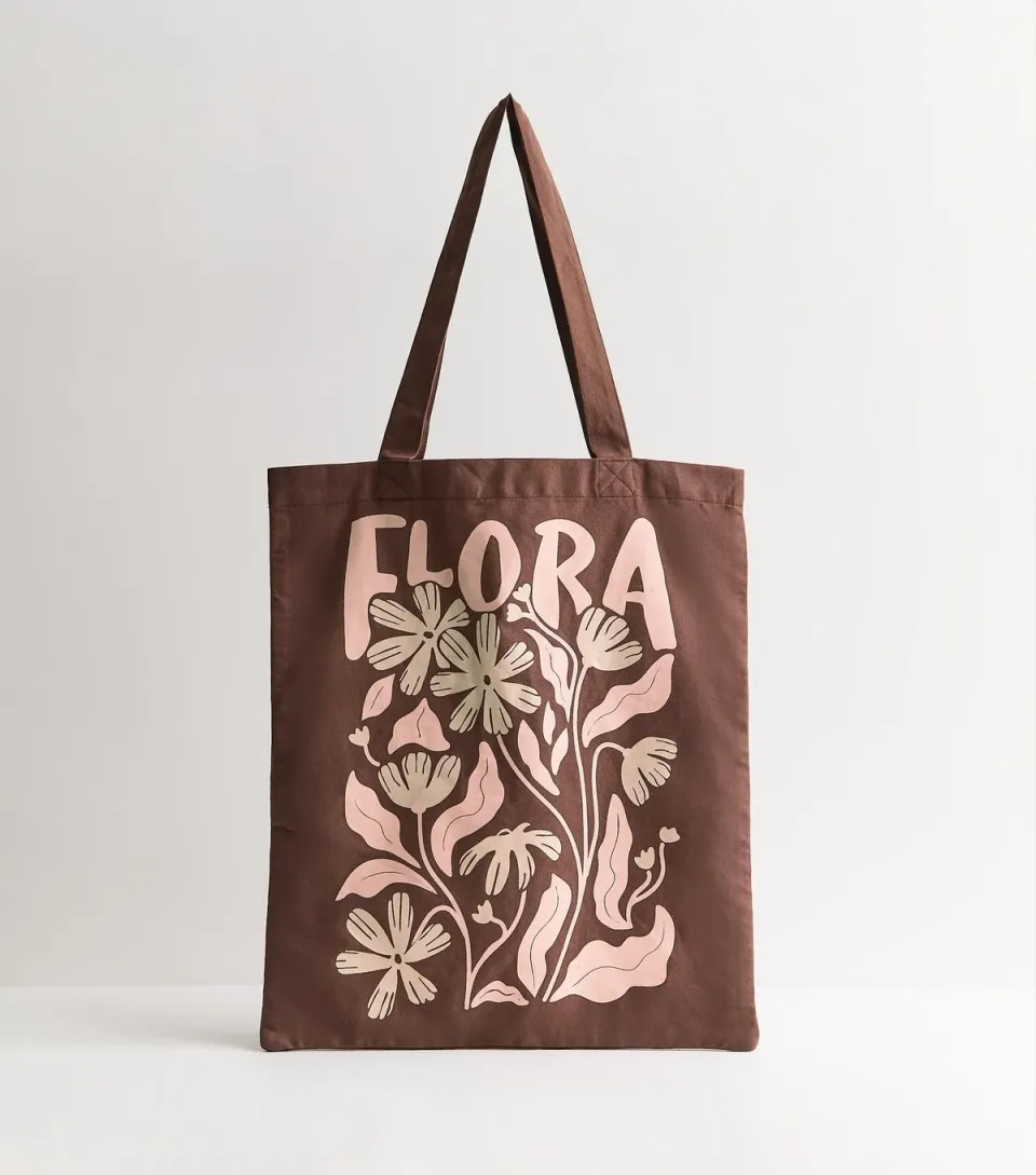 Brown Flora Print Tote Bag