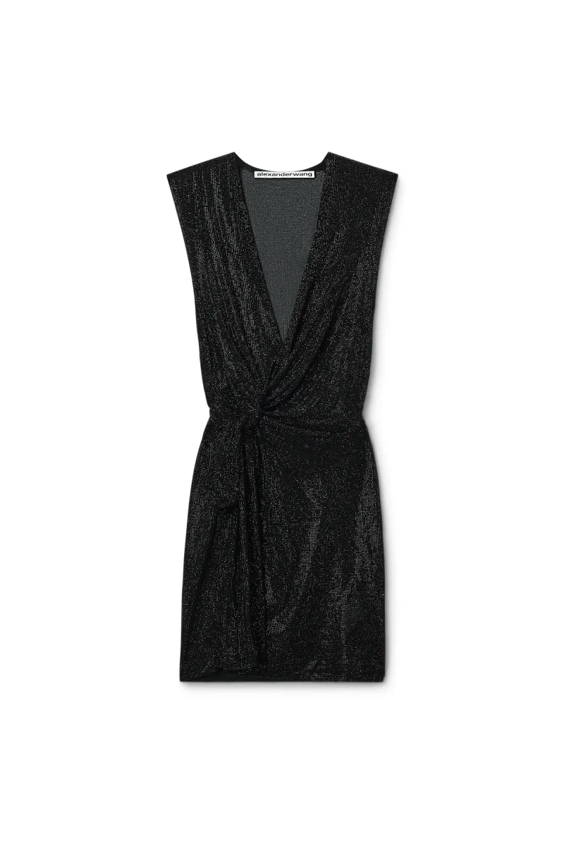 CRYSTAL HOTFIX KNOTTED DEEP V-NECK TANK DRESS