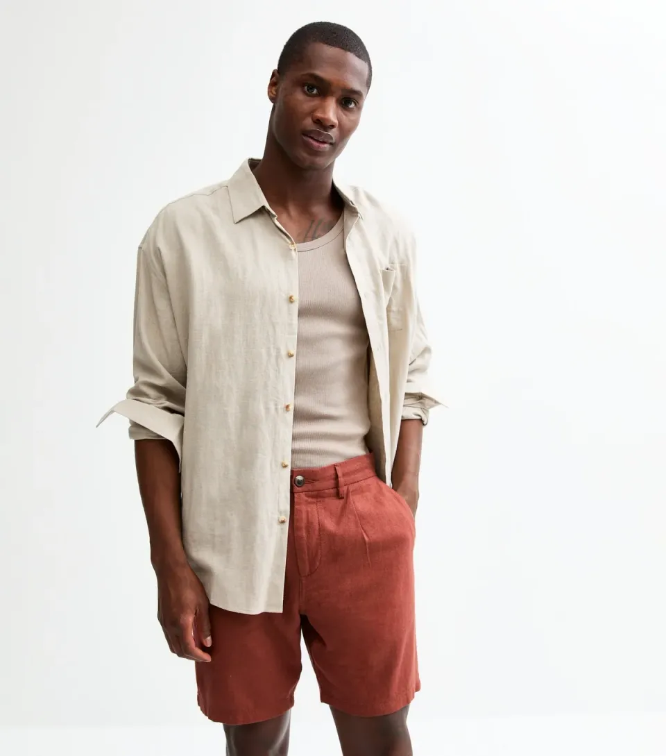 Men's Rust Regular Pleated Linen Blend Shorts