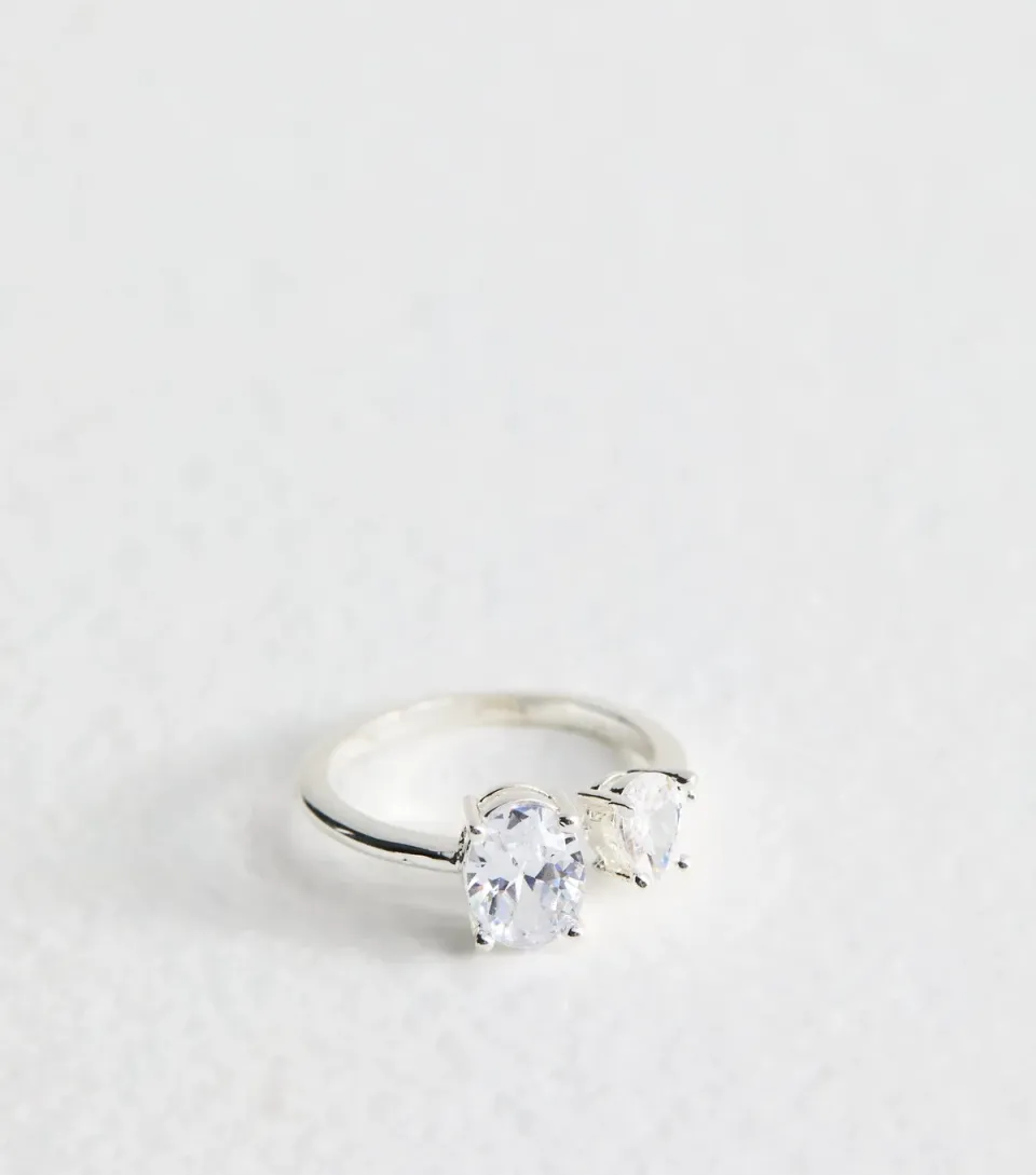 Silver Tone Cubic Zirconia Double Charm Ring