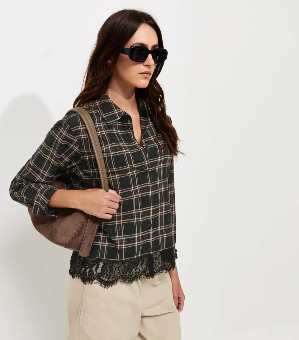 Women's Black Cotton Checked Meet The Jean Lace Trim Shirt