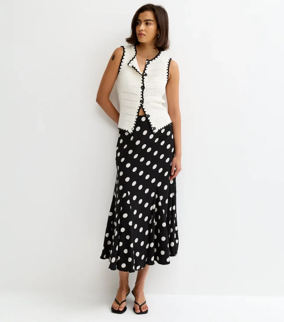 Women's Black Polka Dot Godet Midi Skirt