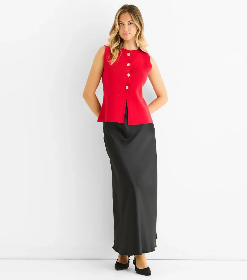 Women's Red Button Front Compact Knit Waistcoat