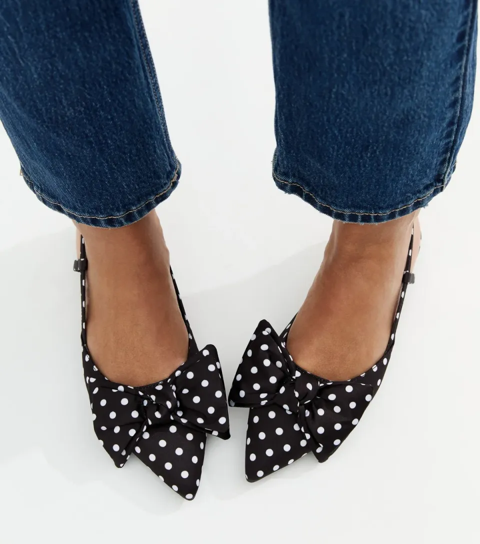 Women's Black Polka Dot Satin Bow Embellished Slingback Flats Vegan