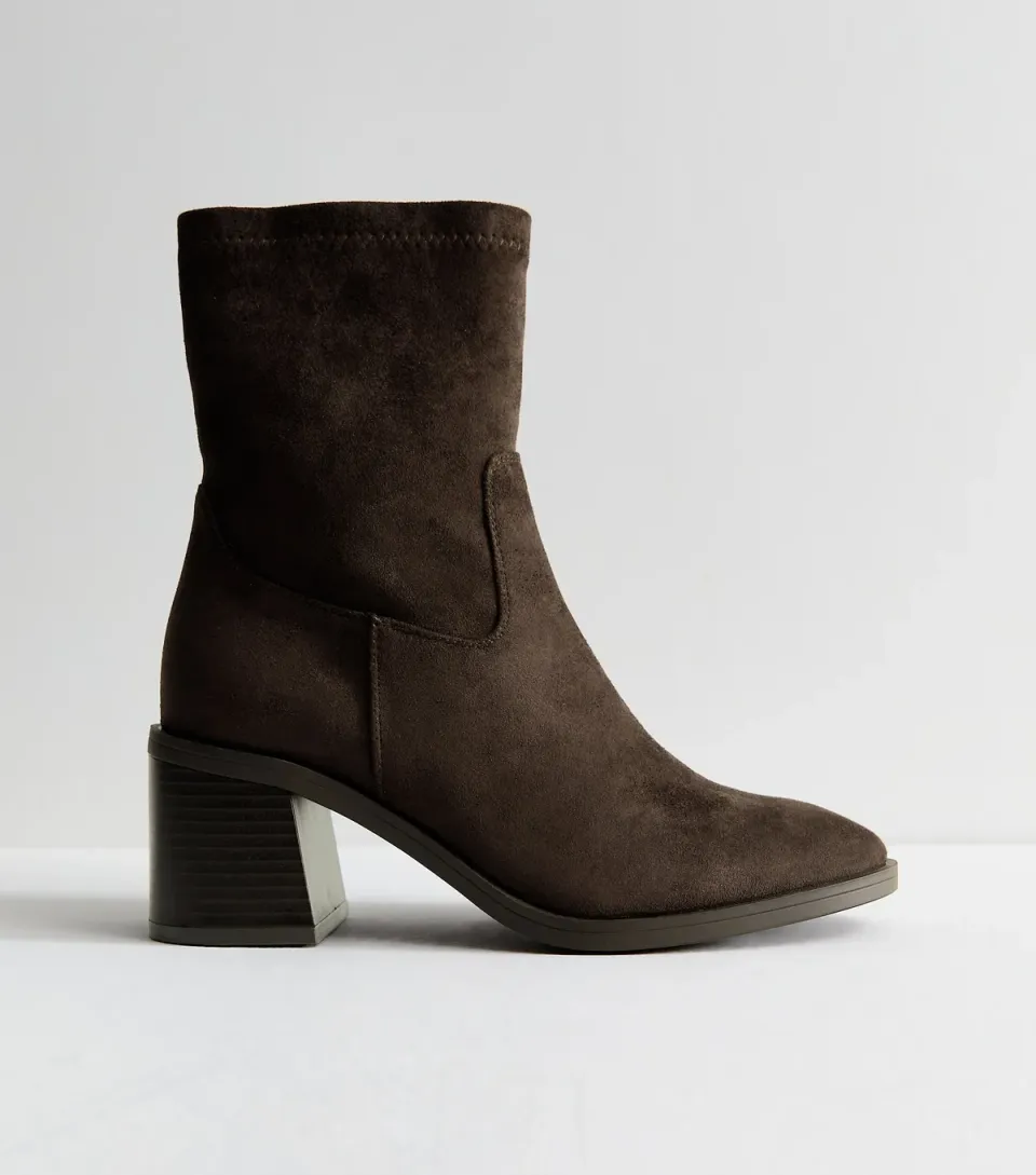 Women's Wide Fit Dark Brown Faux Suede Stacked Heel Sock Ankle Boots Vegan