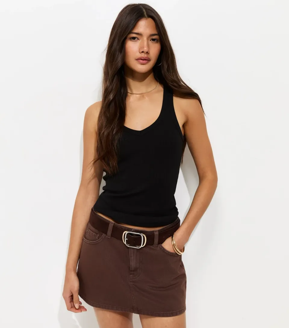 Women's Black Cotton Rich V Neck Slim Wide Strap Vest Top
