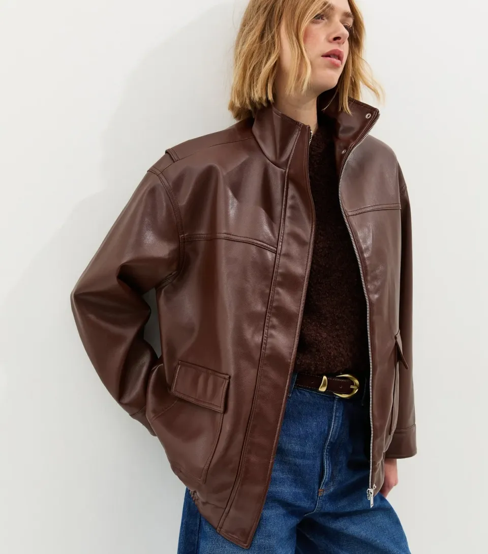 Women's Dark Brown Faux Leather Funnel Neck Oversized Jacket