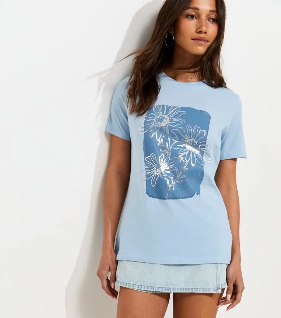 Women's Light Blue Cotton Foil Flower Print T-Shirt
