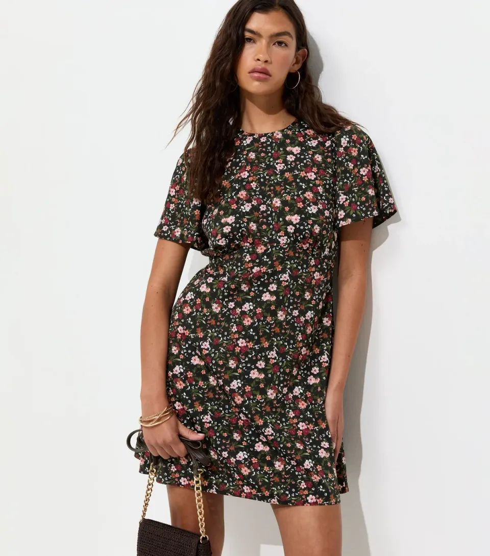 Women's Black Ditsy Floral Flutter Sleeve Mini Dres