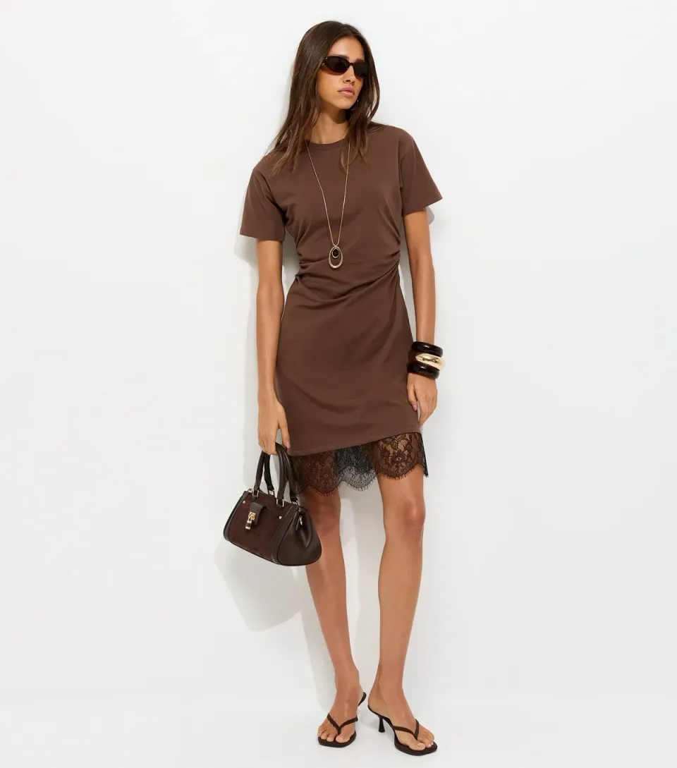 Women's Dark Brown Cotton Rich Ruched Lace Hem T-Shirt Dress