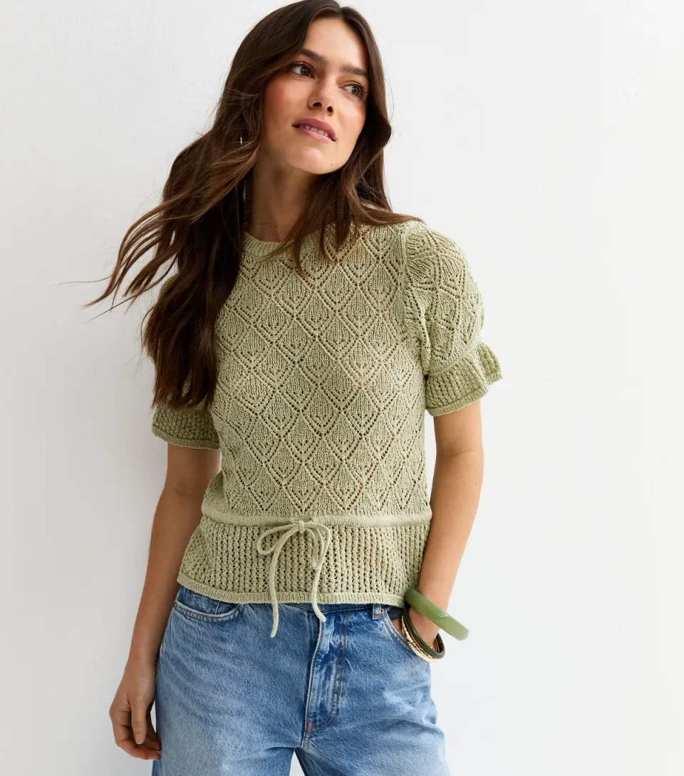 Women's Petite Green Knit Tie Waist Top