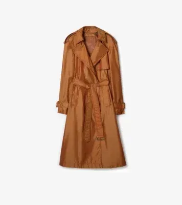 Long Nylon Blend Trench Coat in Bright toffee brown