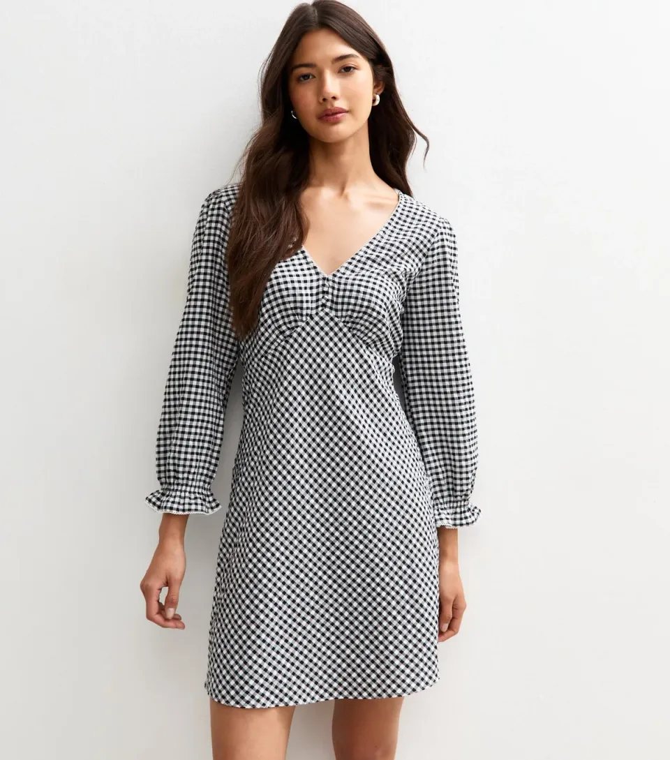 Women's Black Gingham V-Neck Mini Dress