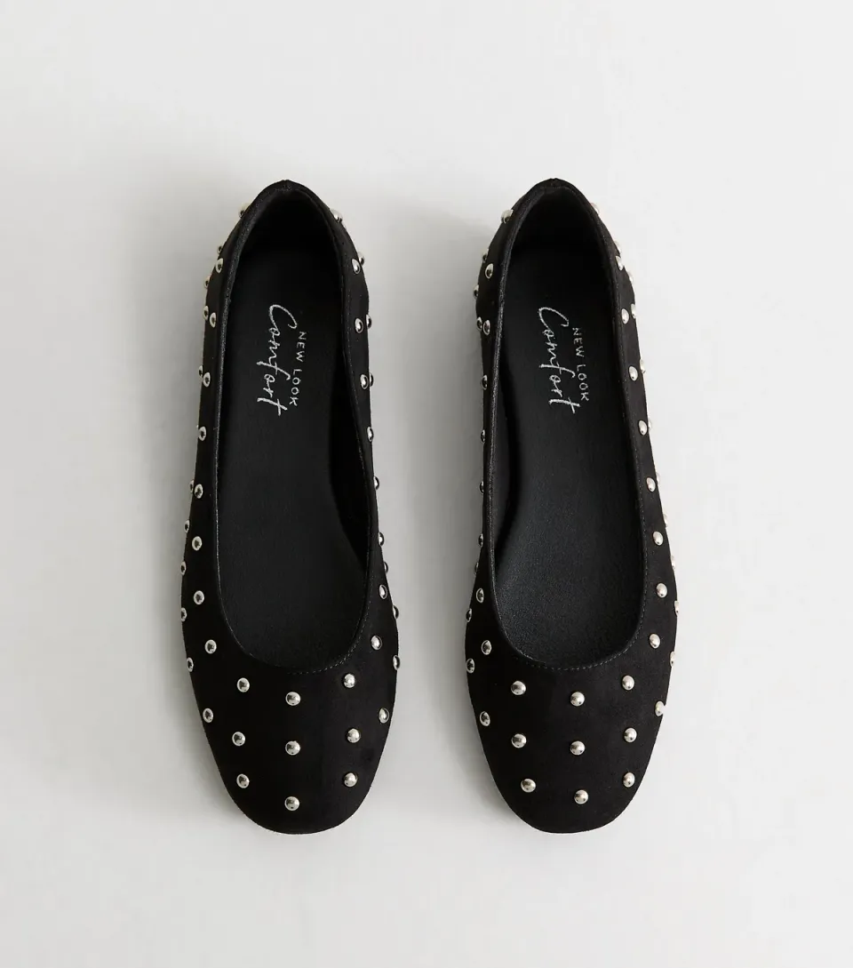 Women's Black Faux Suede Studded Ballet Pumps Vegan