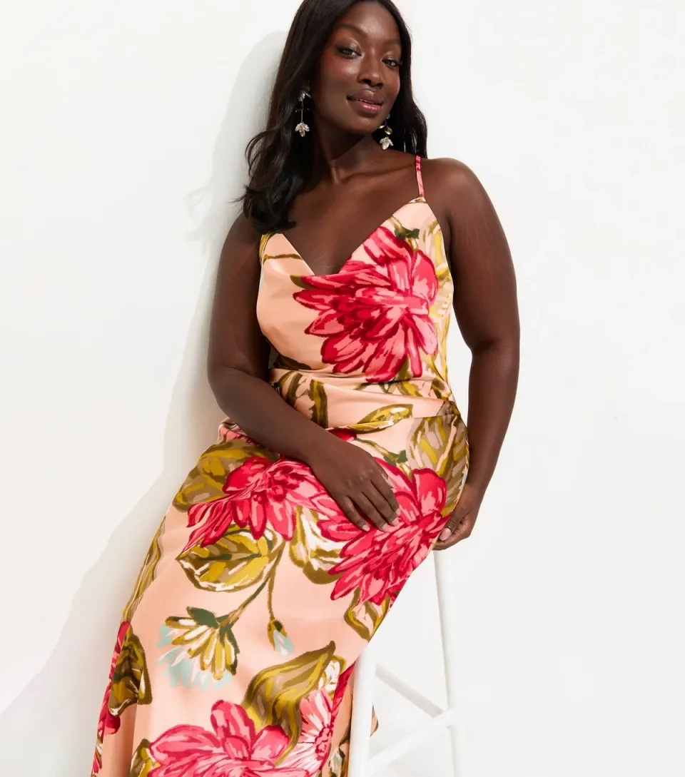 Women's Plus Size Orange Floral Slip Midi Dress Curves