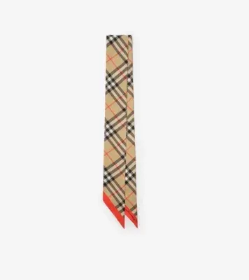 Skinny Contrast Check Silk Scarf in Sand beige/oxblood red