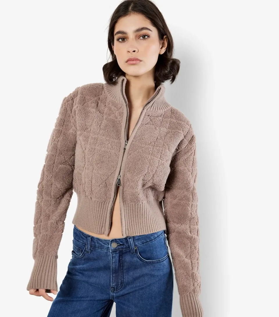 Women's Light Brown Terry Towelling Bomber Jacket