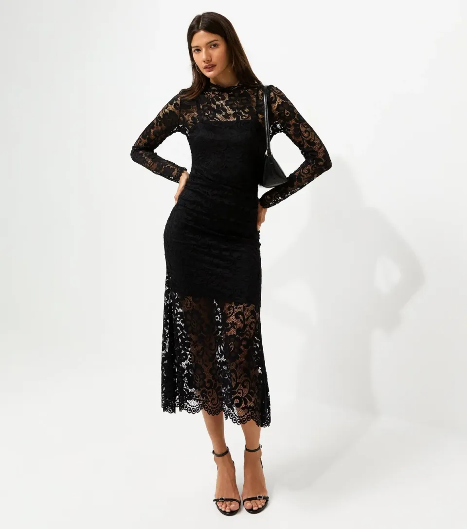 Women's Black Lace High Neck Long Sleeve Midi Dress