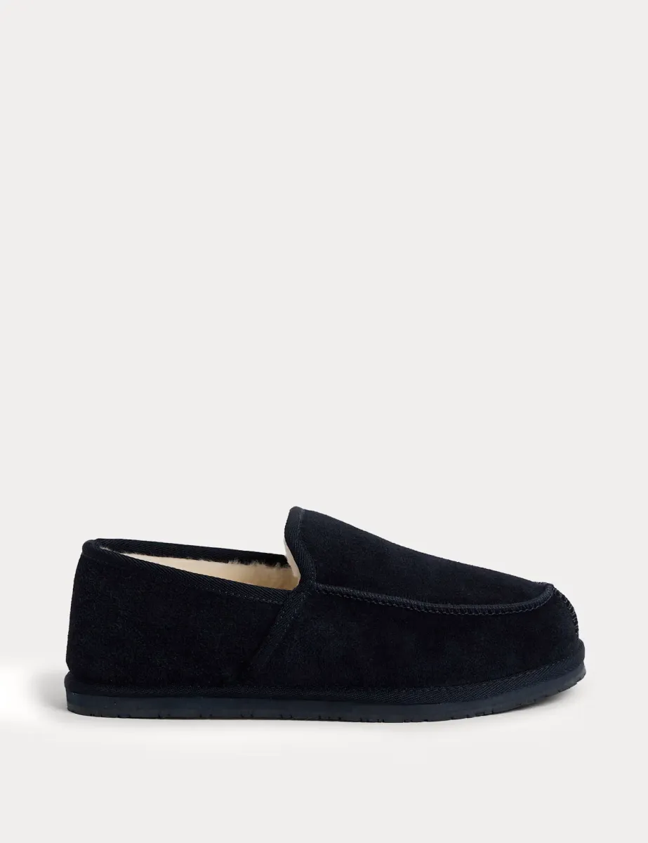 Suede Moccasin Slippers with Freshfeet Dark Navy