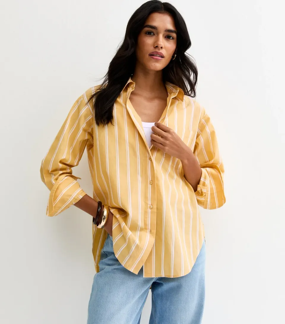 Women's Yellow Cotton Striped Button Up Shirt