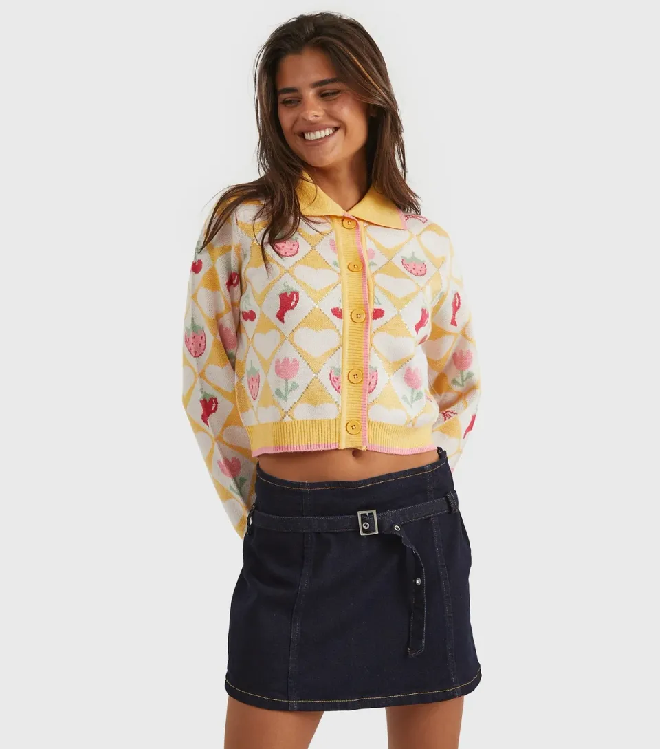 Women's Bright Yellow Floral Diamond Knitted Cardigan
