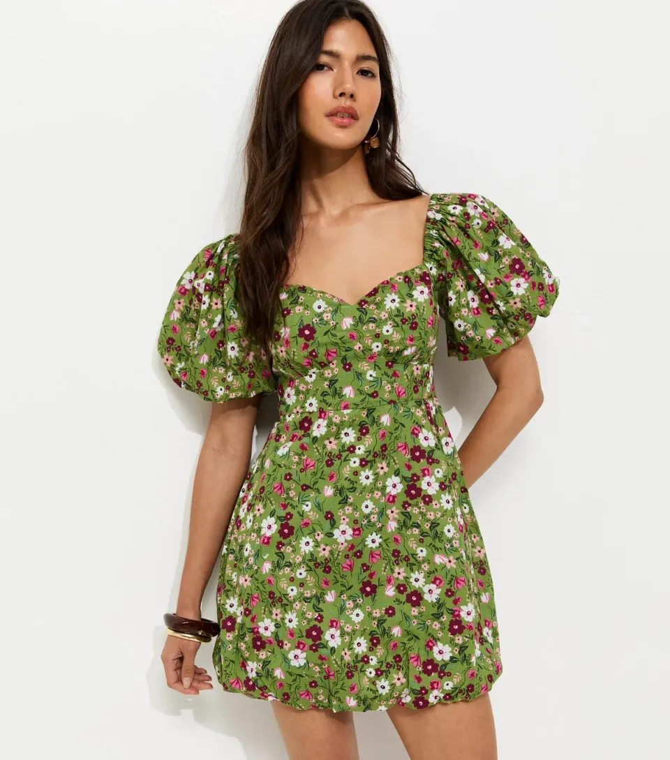 Women's Green Floral Print Milkmaid Mini Dress