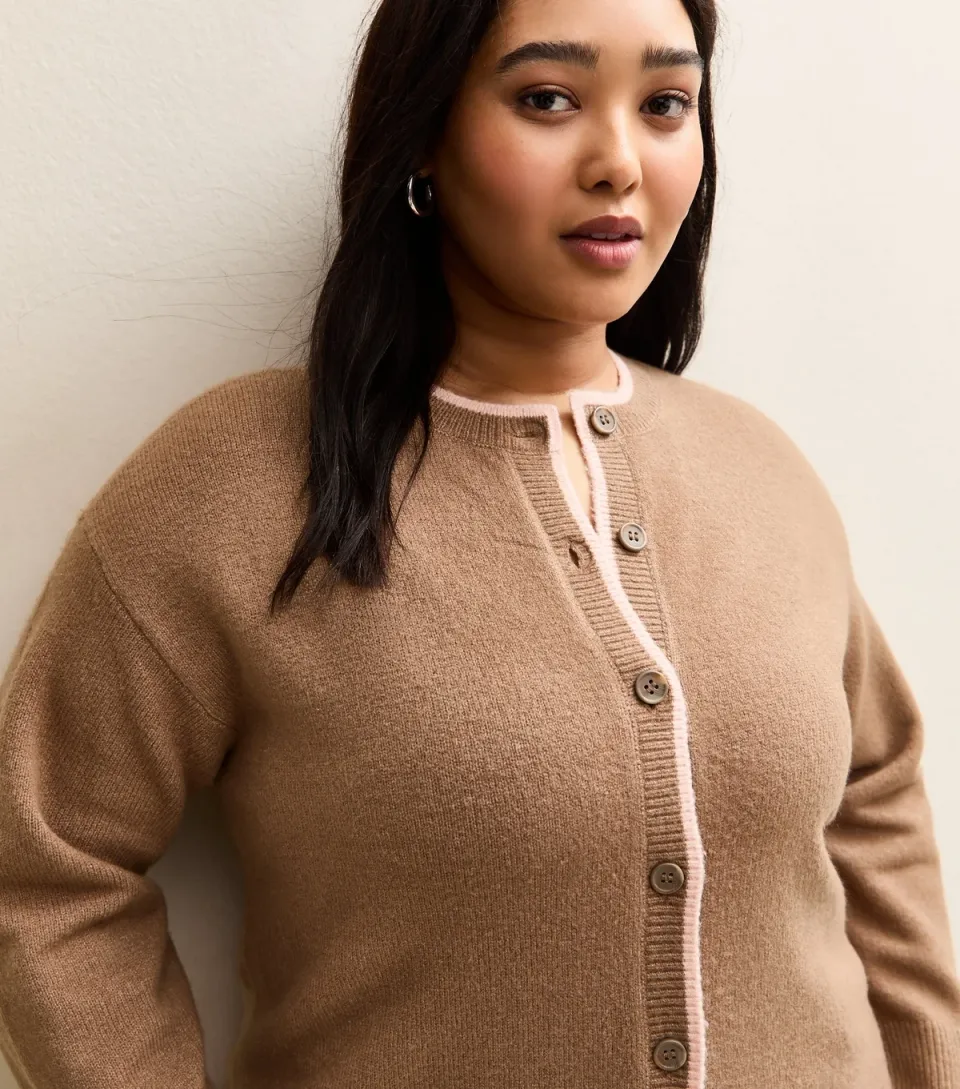 Women's Plus Size Brown Contrast Tipping Cardigan Curves