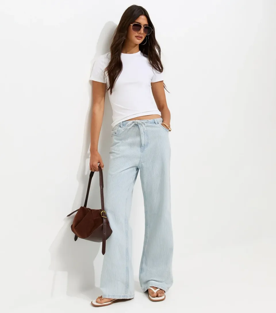 Women's White Cotton Striped Denim Tie Waist Jeans