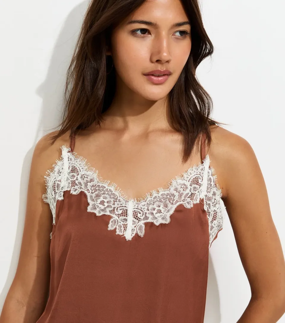 Women's Dark Brown Satin Lace Trim V-Neck Cami Top