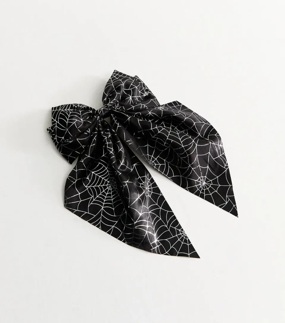 Black Halloween Spider Web Satin Bow Hair Slide