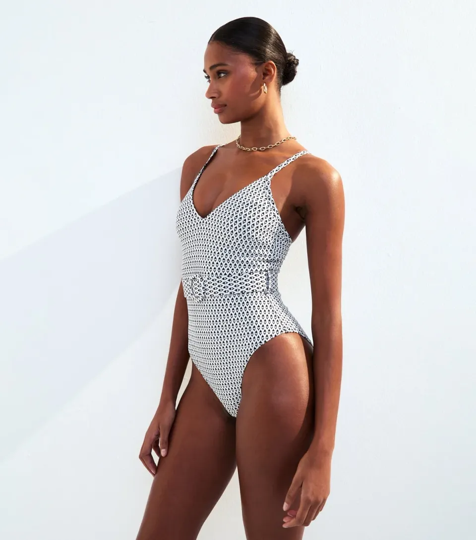 Women's Black Graphic Print V-Neck Swimsuit