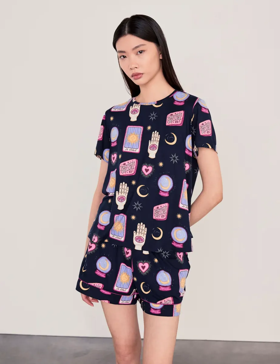 Jersey Halloween Tarot Card Print Shortie Set Navy