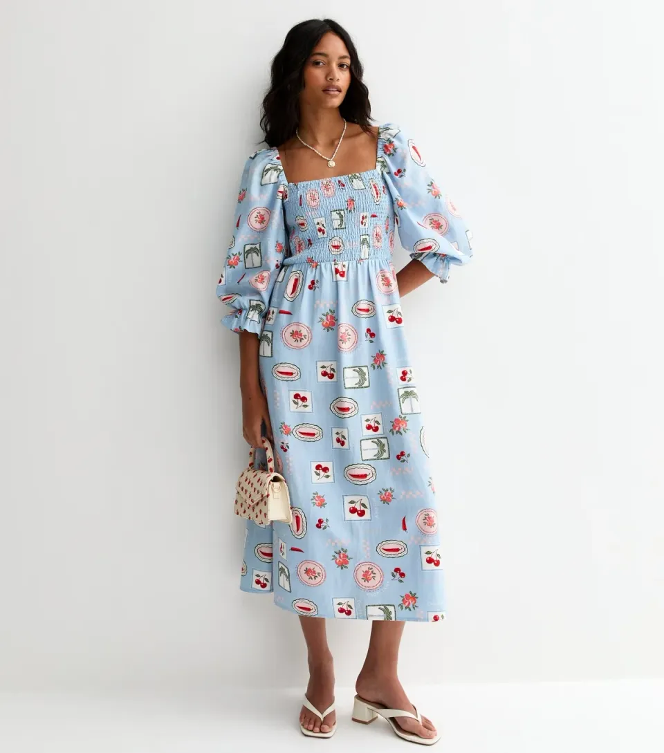 Women's Blue Chilli and Cherry Print Shirred Midi Dress