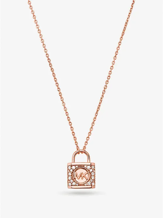 Precious Metal-Plated Sterling Silver Pavé Lock Necklace