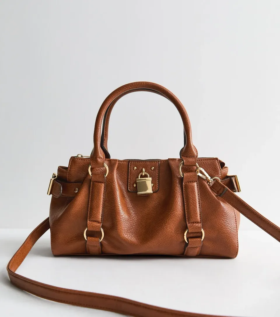 Tan Faux Pebbled Leather Padlock Oversized Crossbody Bag
