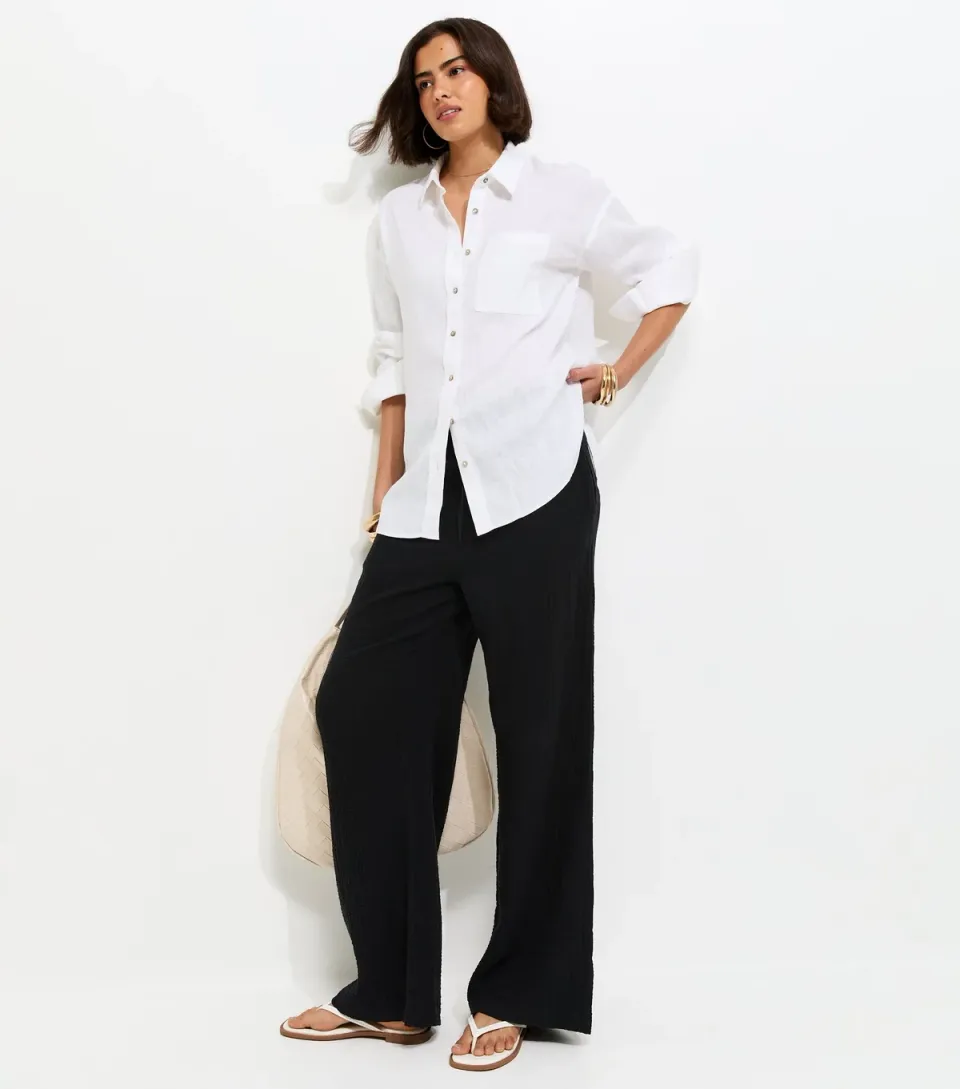 Women's Black Cotton Textured Drawstring Wide Leg Trousers