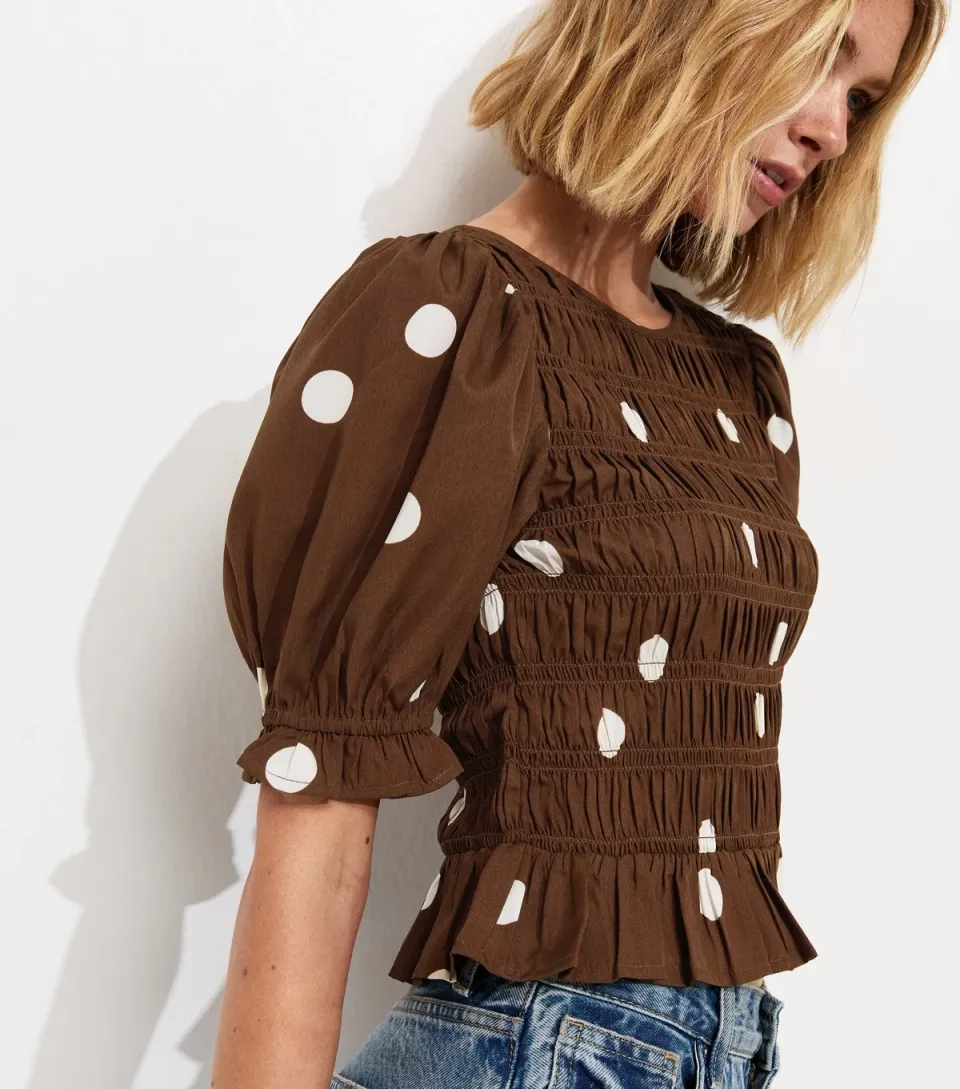 Women's Brown Crepe Spot Print Shirred Top