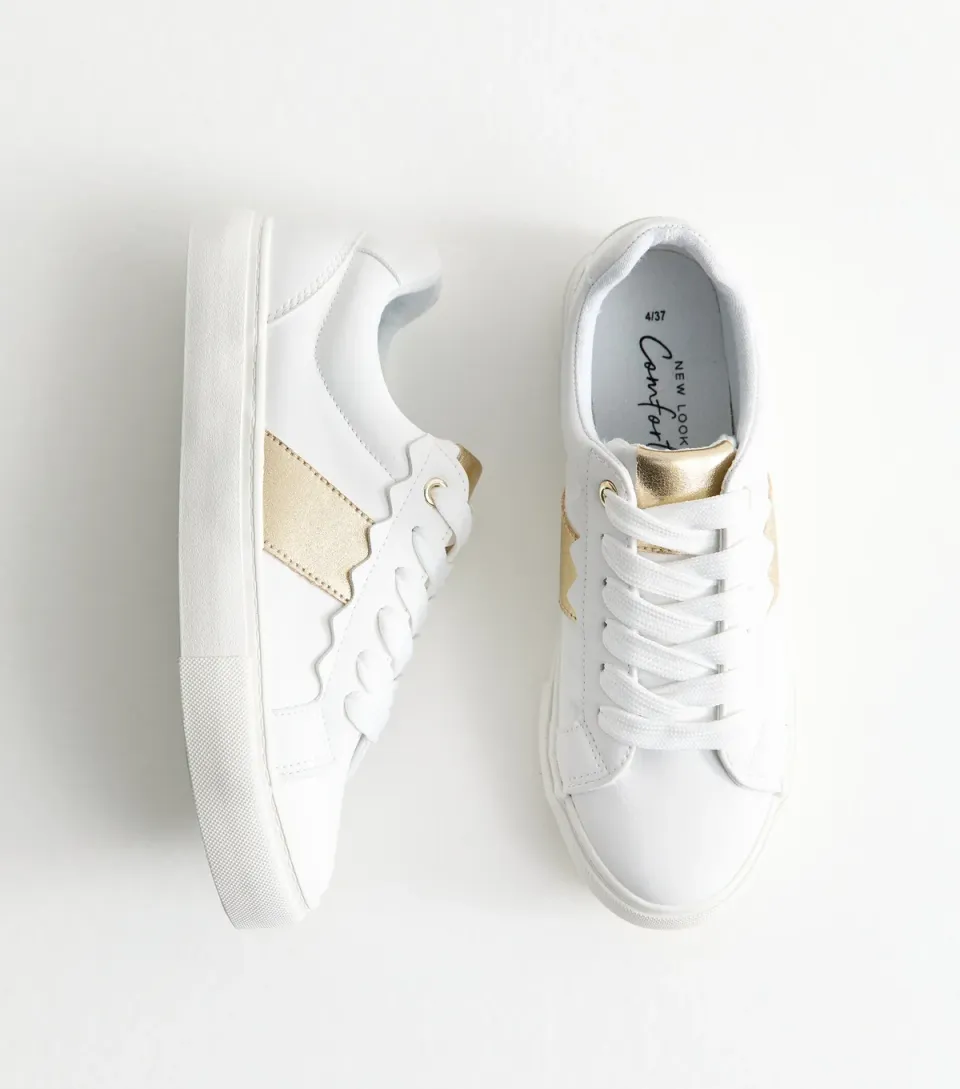 Women's Gold Contrast Trim Faux Leather Trainers Vegan