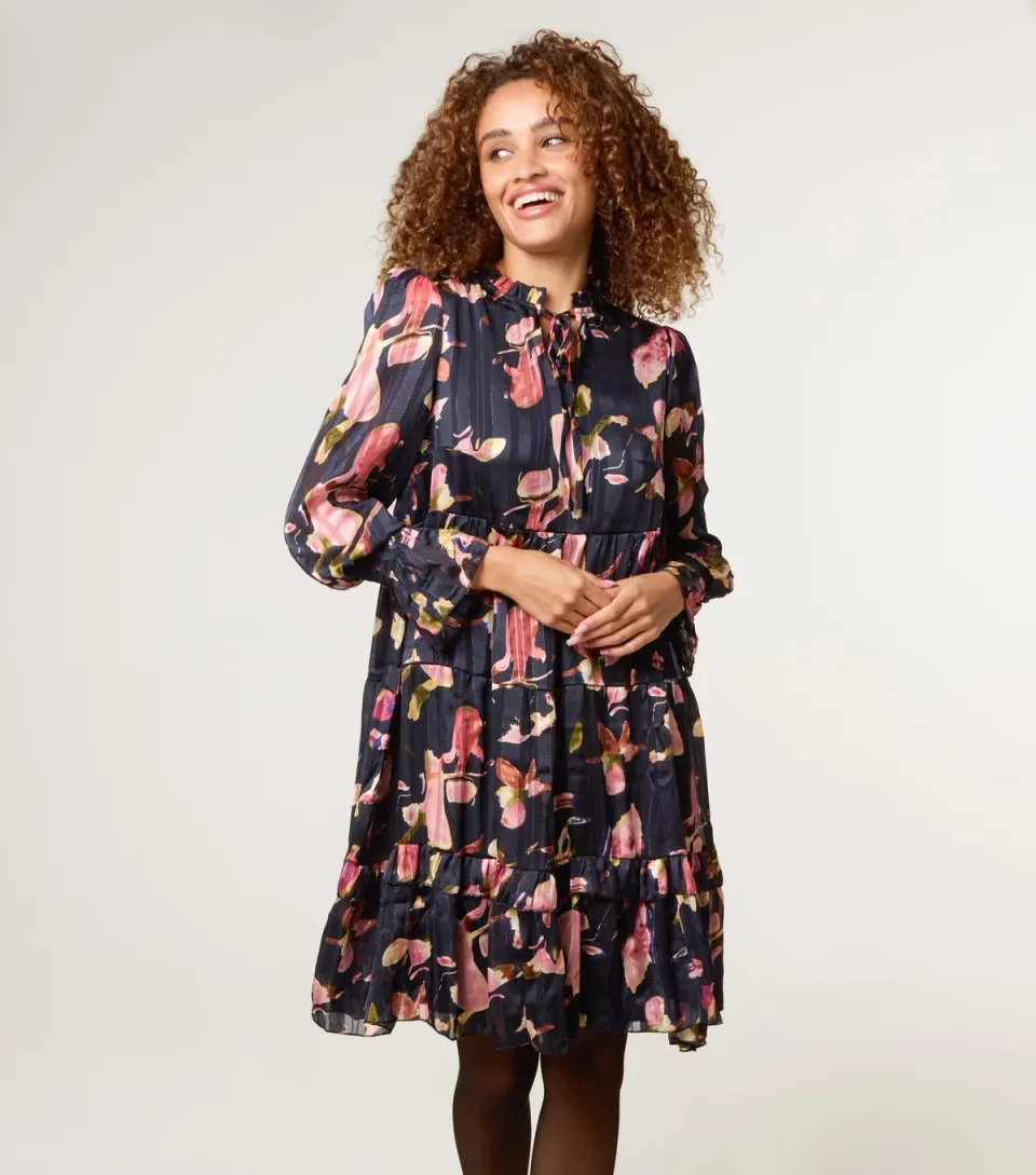 Women's Black Floral Print Chiffon Dress