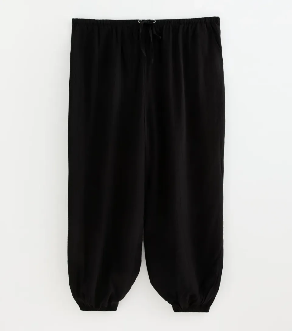 Women's Plus Size Black Wide Drawstring Waist Cuffed Trousers Curves
