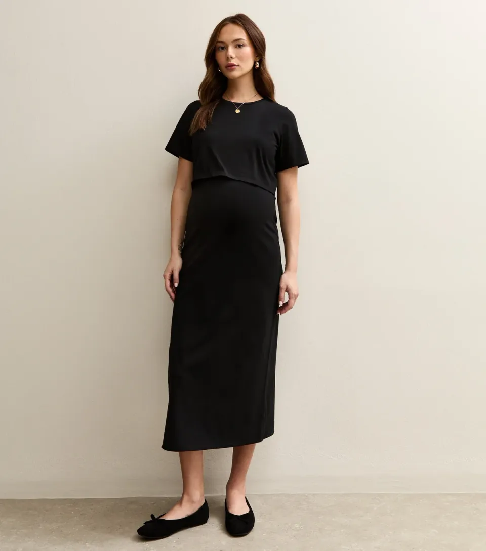 Women's Maternity Dark Khaki Layered Crew Neck Nursing Midi Dress