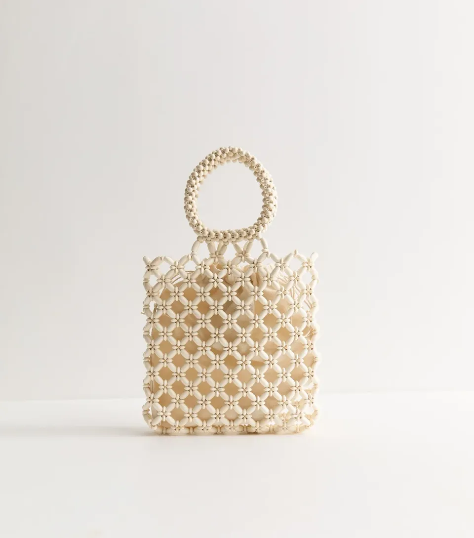 Cream Beaded Top Handle Grab Bag