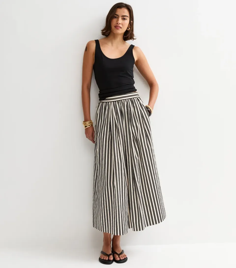 Women's Black Cotton Poplin Striped Midi Skirt