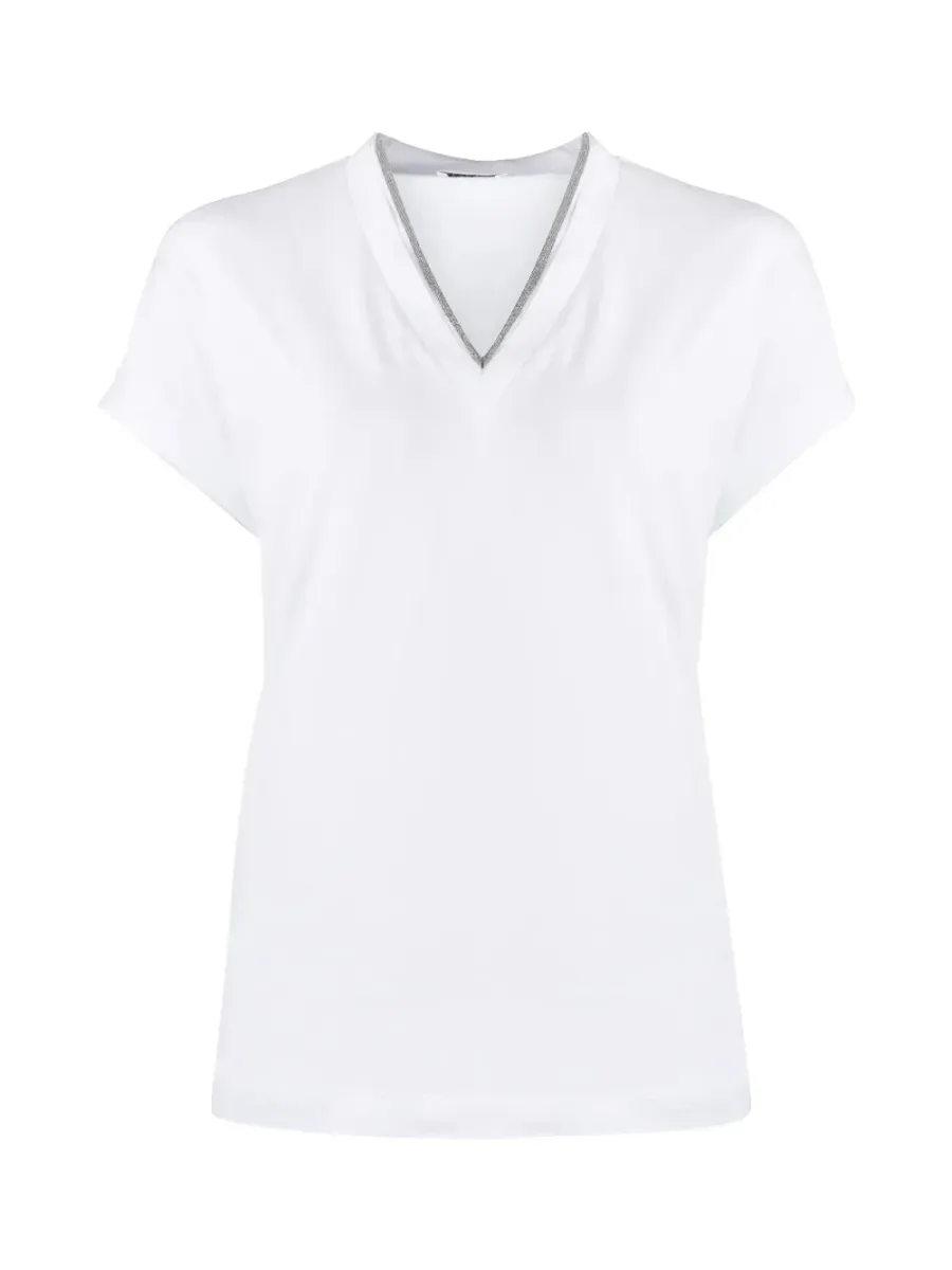 Women silver trim V-neck T-shirt White